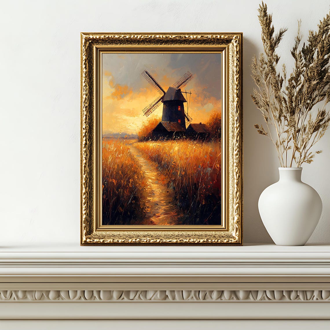 Vintage Windmill Landscape Art Print Golden Sunset Field Wall Decor Rustic Artwork - Image 2