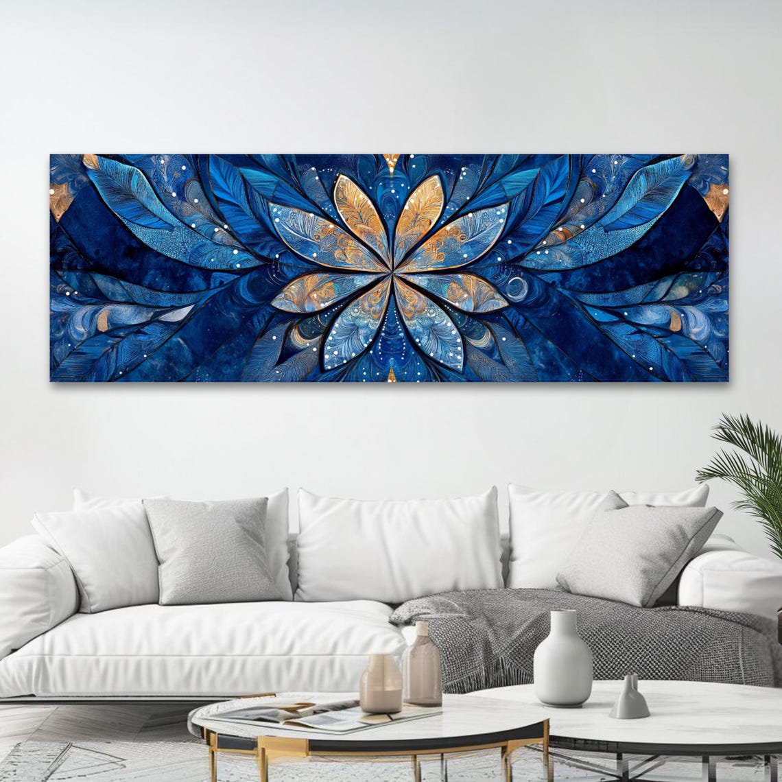 Blue Gold Symmetric Mandala Petals Panoramic Boho Art Poster - Image 4
