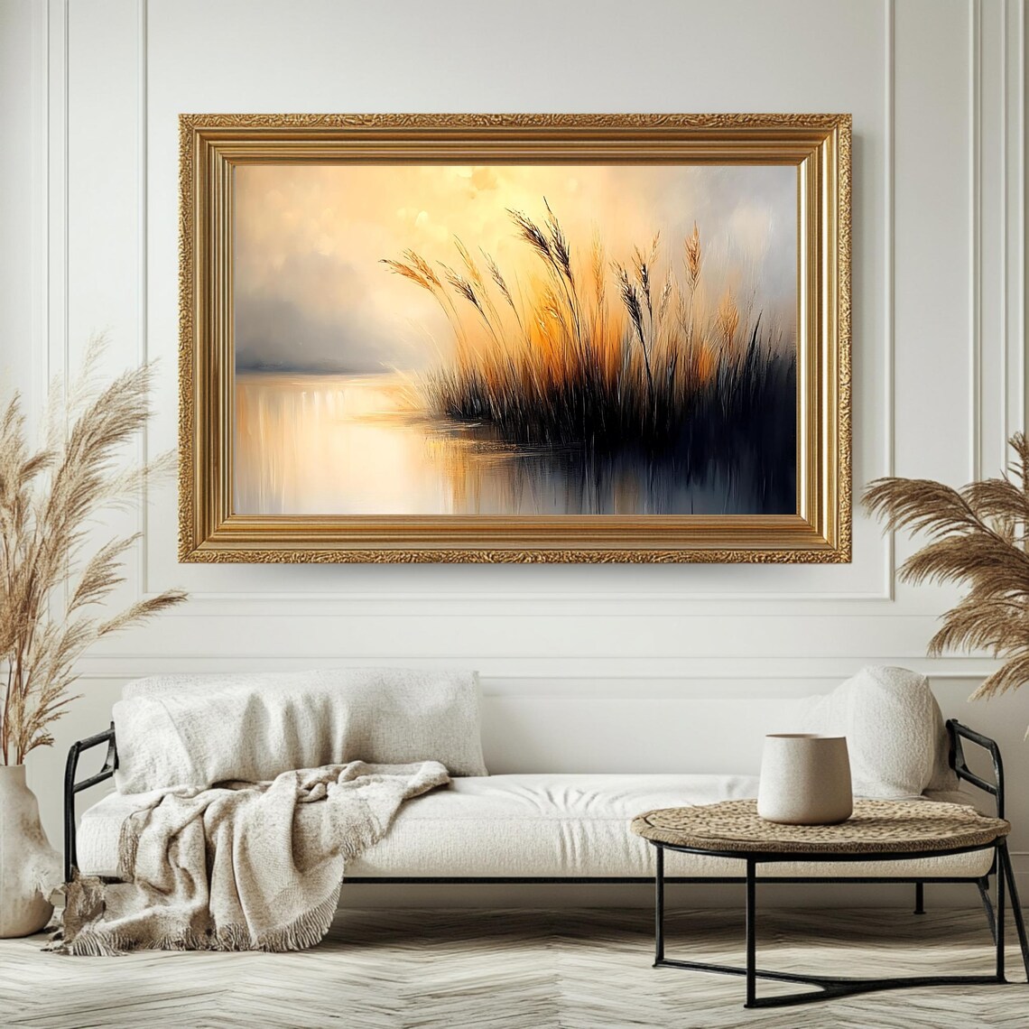 Golden Reeds Sunset Lakeside Misty Water Vintage Nature View Poster - Image 4