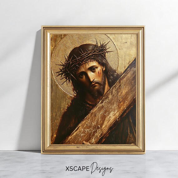 Jesus Christ Crown Of Thorns Carrying Cross Golden Halo Sacred Print