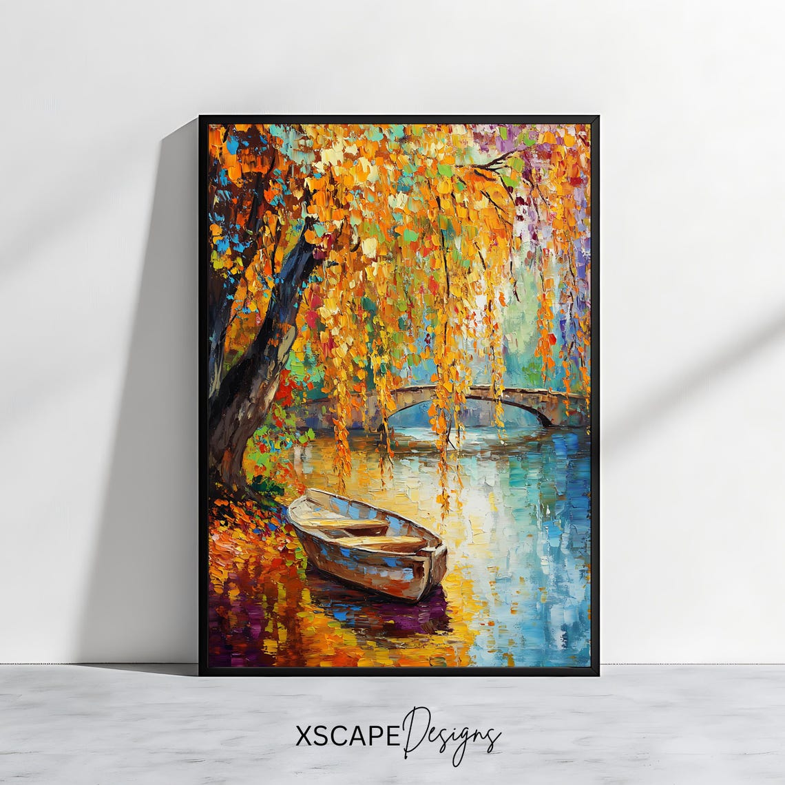 Golden Autumn Rowboat River Under Weeping Willows Bridge View Poster