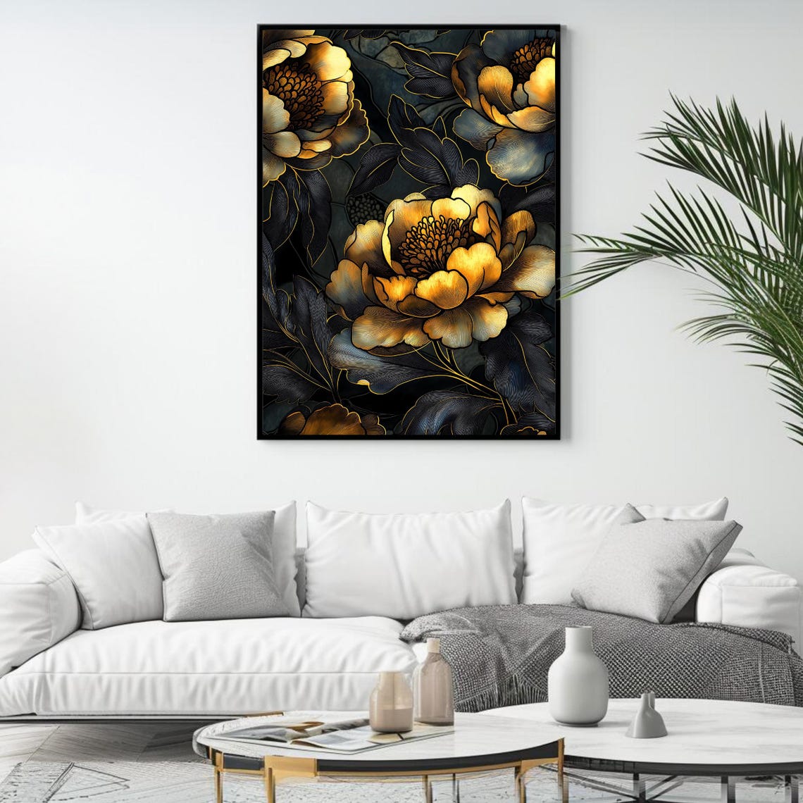 Black Gold Peony Flowers Elegant Dark Botanical Floral Wall Art Poster - Image 4