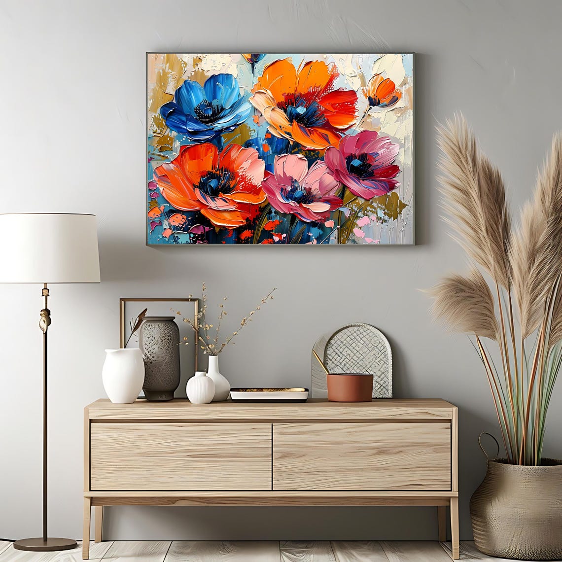 Bold Blue Orange Poppies Impasto Floral Oil Painting Wall Art Poster - Image 3
