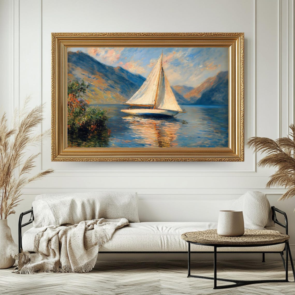 Antique Sailboat Wall Art Vintage Nautical Landscape Rustic Lakeside Artwork - Image 4