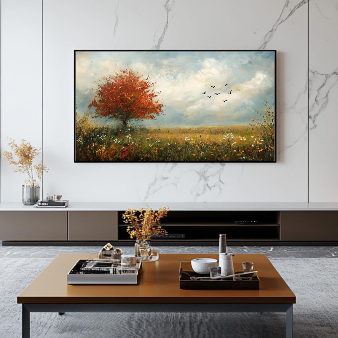Red Autumn Tree Wildflower Meadow Birds Flying Fall Frame TV Poster - Image 2