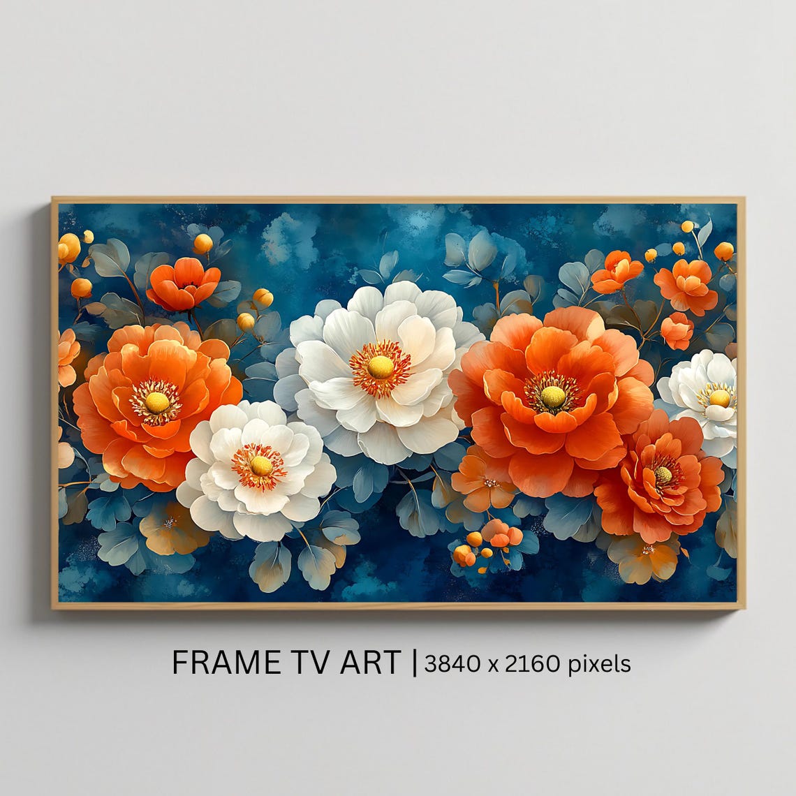 Orange And White Flowers On Deep Blue Elegant Botanical Art Poster