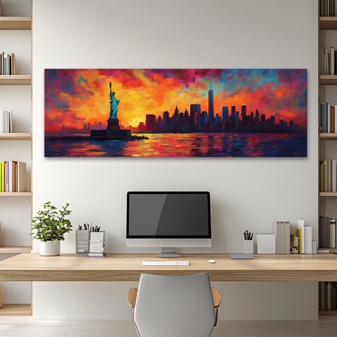 New York Skyline Statue Of Liberty Sunset Panoramic Cityscape Poster - Image 2