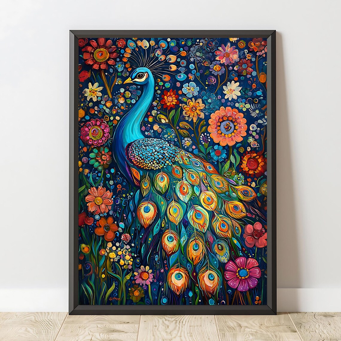 Peacock Fanned Tail Among Night Garden Flowers Folk Art Wall Poster - Image 2