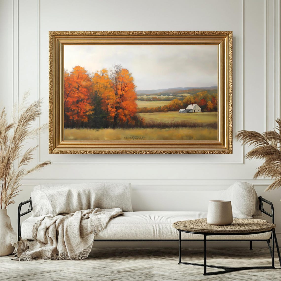 Antique Autumn Farmhouse Orange Maples Misty Countryside View Poster - Image 4