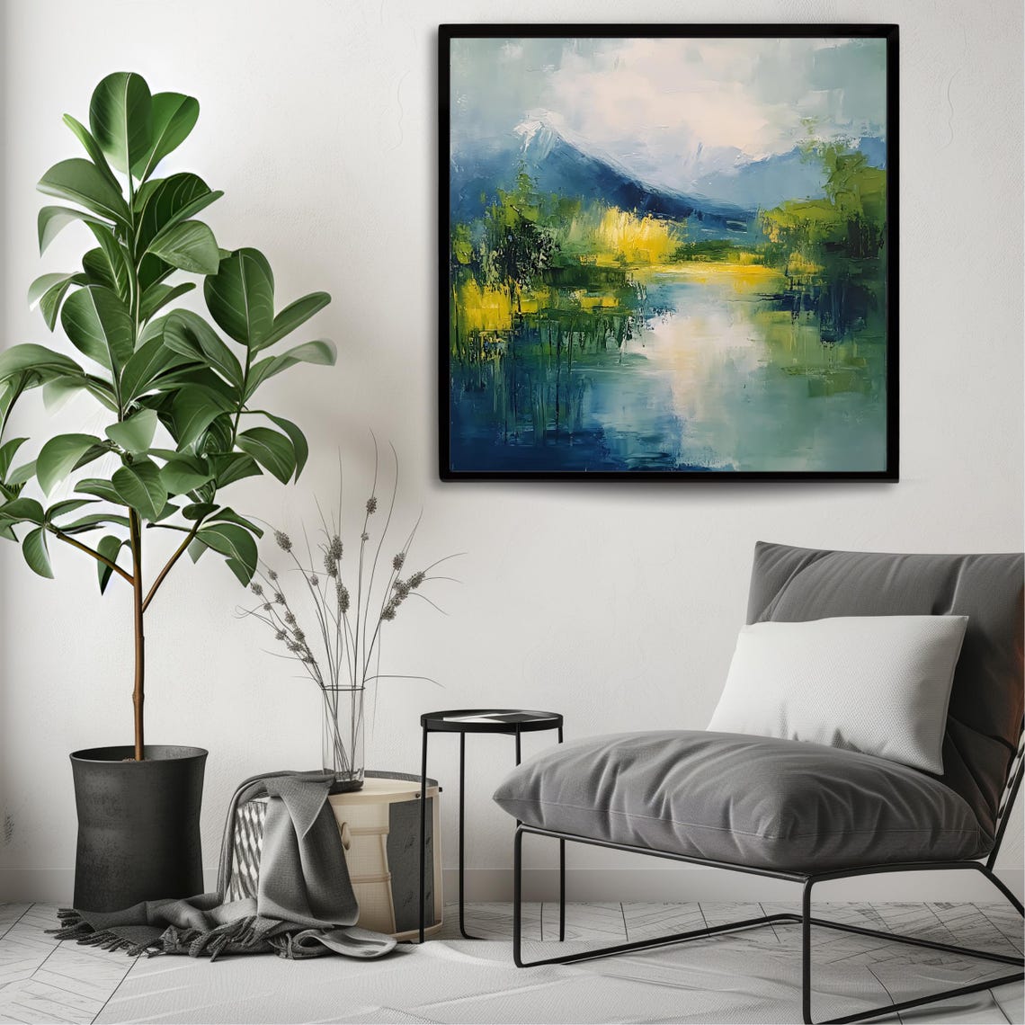Mountain Landscape Wall Art Print Abstract Nature Artwork Square Scenic River Decor Modern Green And Blue Painting - Image 3