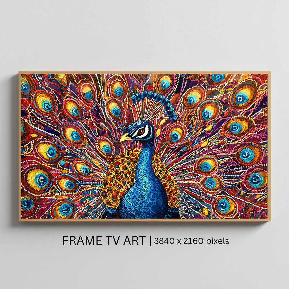 Vibrant Peacock Feather Tail Mosaic Dot Art Colorful Bird Wall Poster
