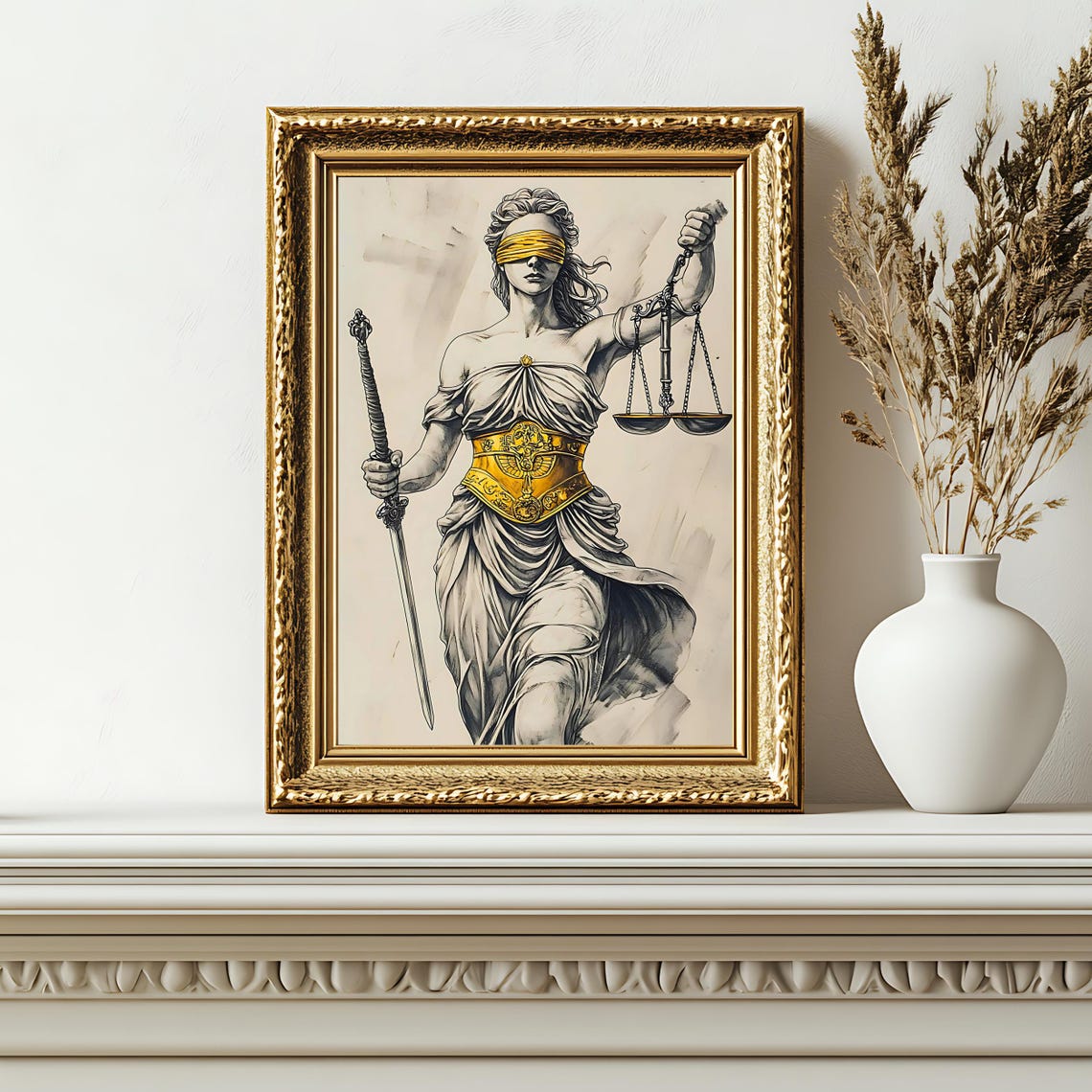 Vintage Lady Justice Blindfolded Scales Sword Gold Accent Legal Print - Image 2