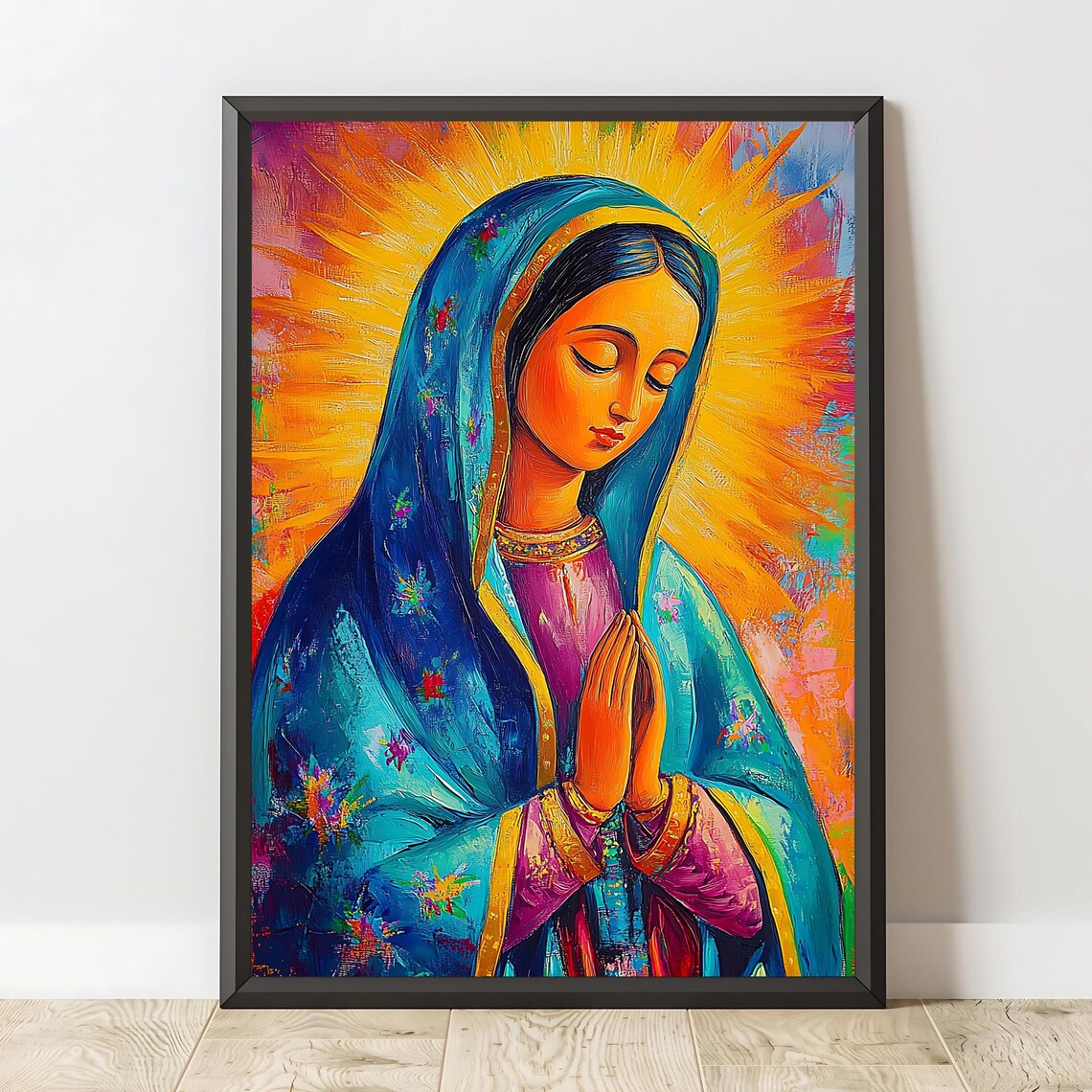 Our Lady Of Guadalupe Praying Teal Mantle Golden Halo Faith Art Poster - Image 2