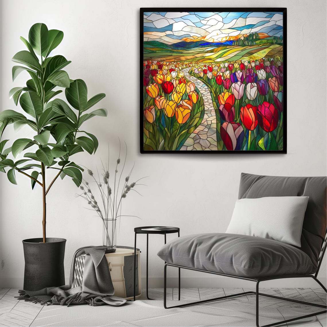 Tulip Field Stained Glass Style Winding Path Sunset Floral Wall Art - Image 3