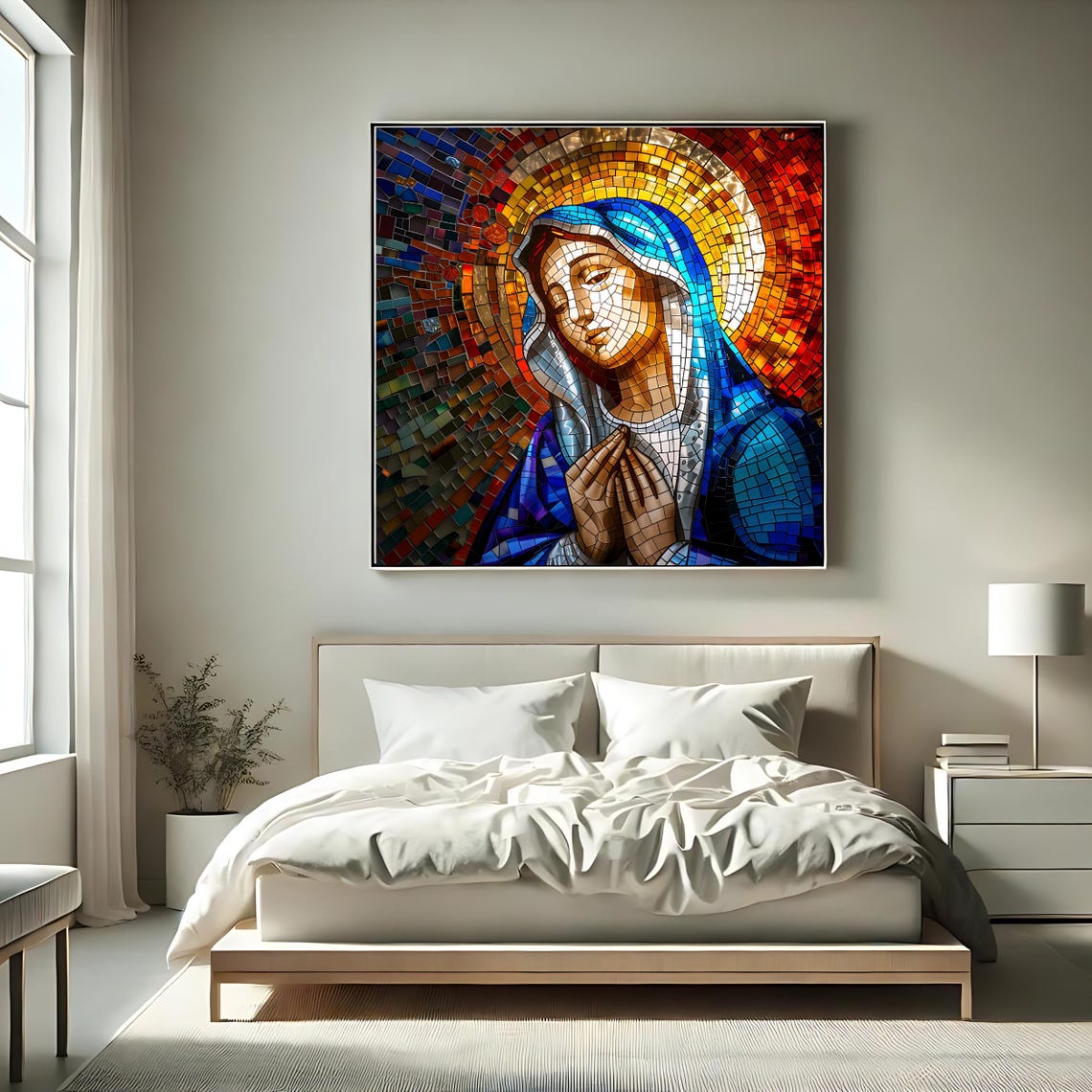 Blessed Virgin Mary Mosaic Praying Halo Catholic Religious Art Poster - Image 2