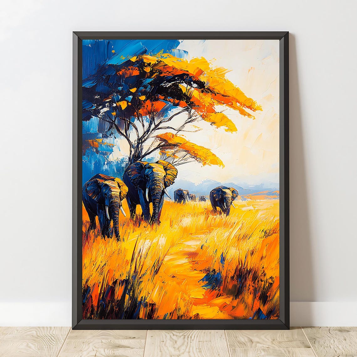 African Elephants Walking Golden Savanna Under Acacia Tree Art Poster - Image 2