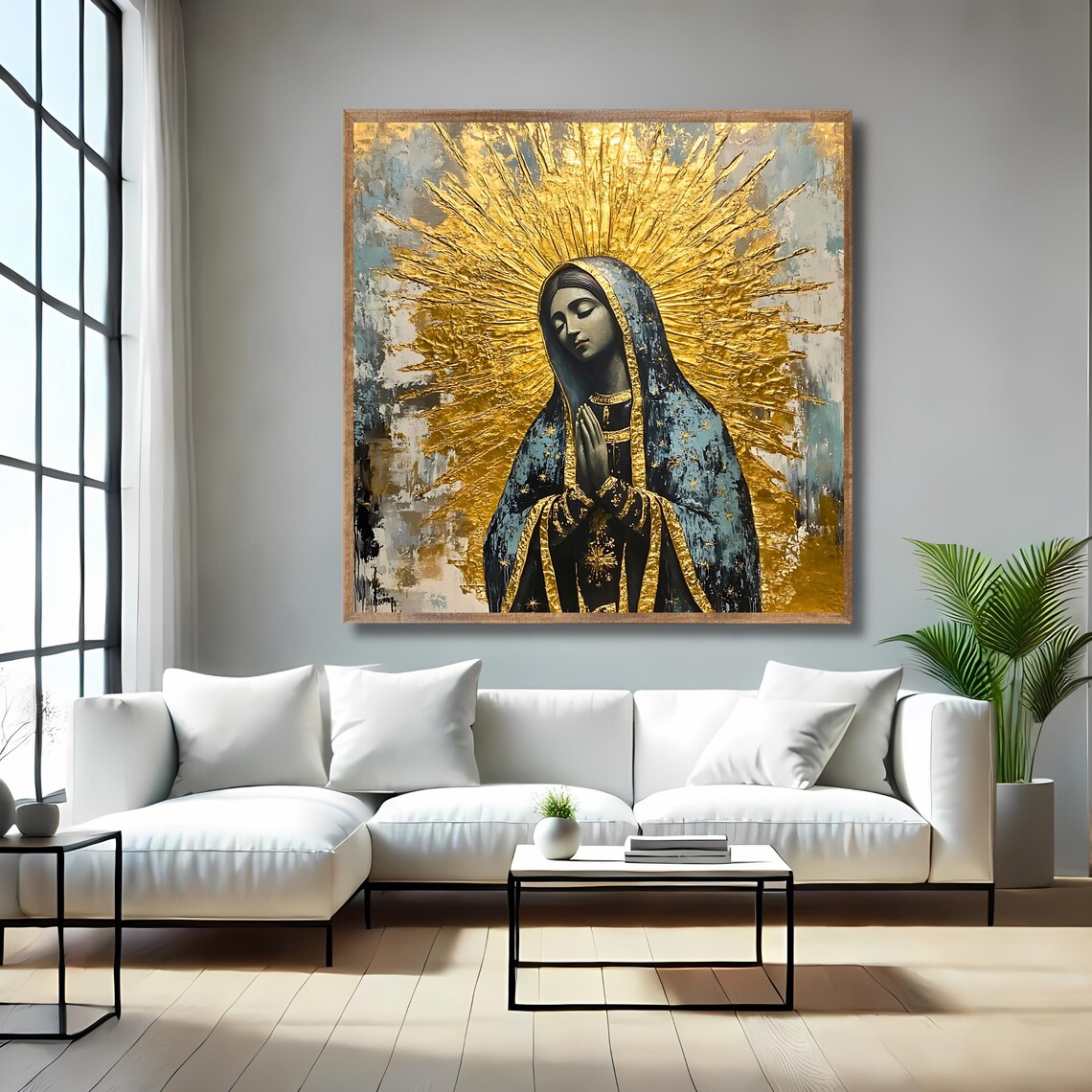 Our Lady of Guadalupe Gold Sunburst Halo Praying Vintage Marian Art Print - Image 4