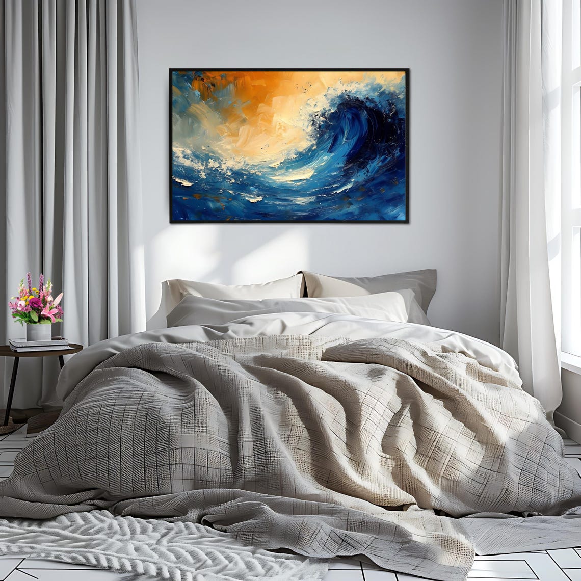 Blue and Gold Abstract Ocean Wave Dramatic Seascape Textured Poster - Image 2