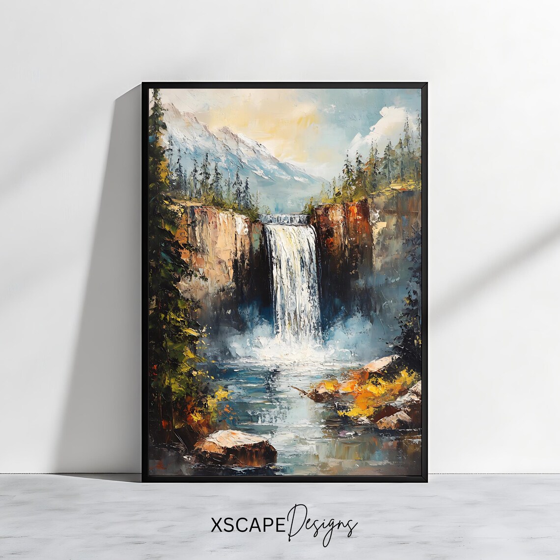 Waterfall Landscape Art Print, Rustic Home Decor