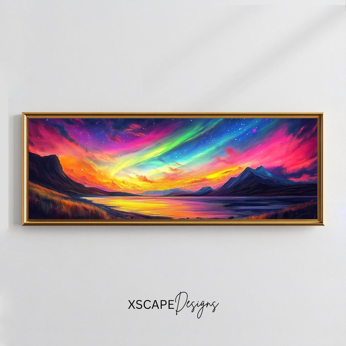 Aurora Borealis Northern Lights Mountains Lake Panoramic Art Poster