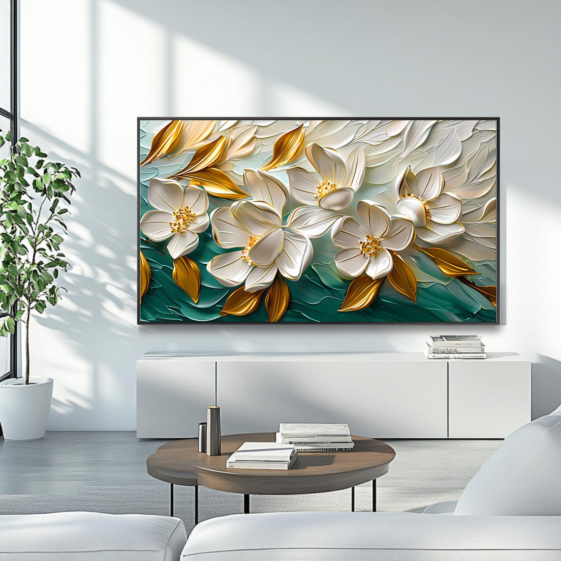 White Floral Blossoms with Gold Leaves on Teal Textured Art Poster - Image 4