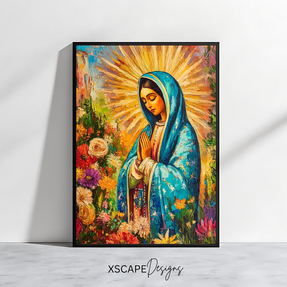 Our Lady Of Guadalupe Praying Blue Mantle Golden Halo Catholic Poster
