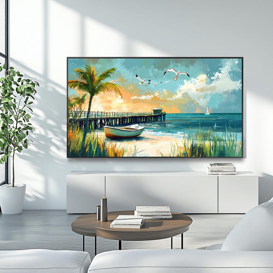 Tropical Beach Pier Sunset Rowboat Seagulls Palm Trees Coastal Poster - Image 4
