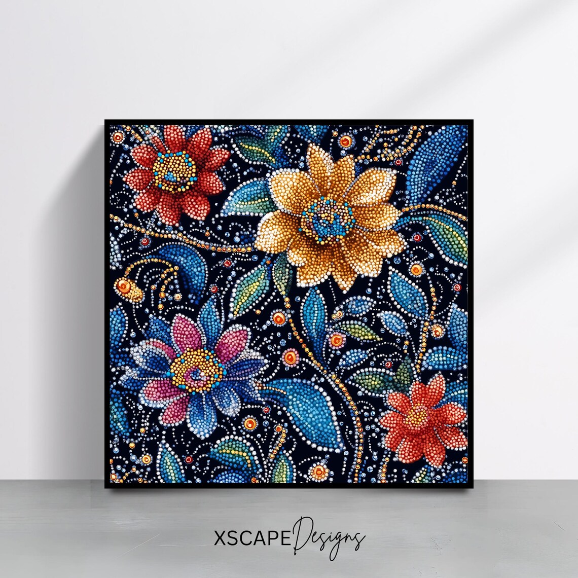 Pointillism Dot Art Floral Bouquet Jewel Tones On Midnight Blue Poster