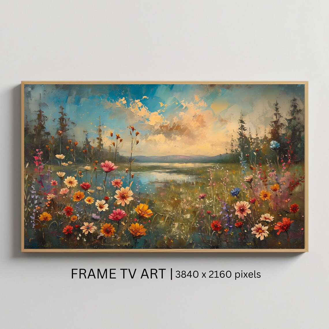 Lakeside Wildflower Meadow Sunset Nature Landscape Travel Poster