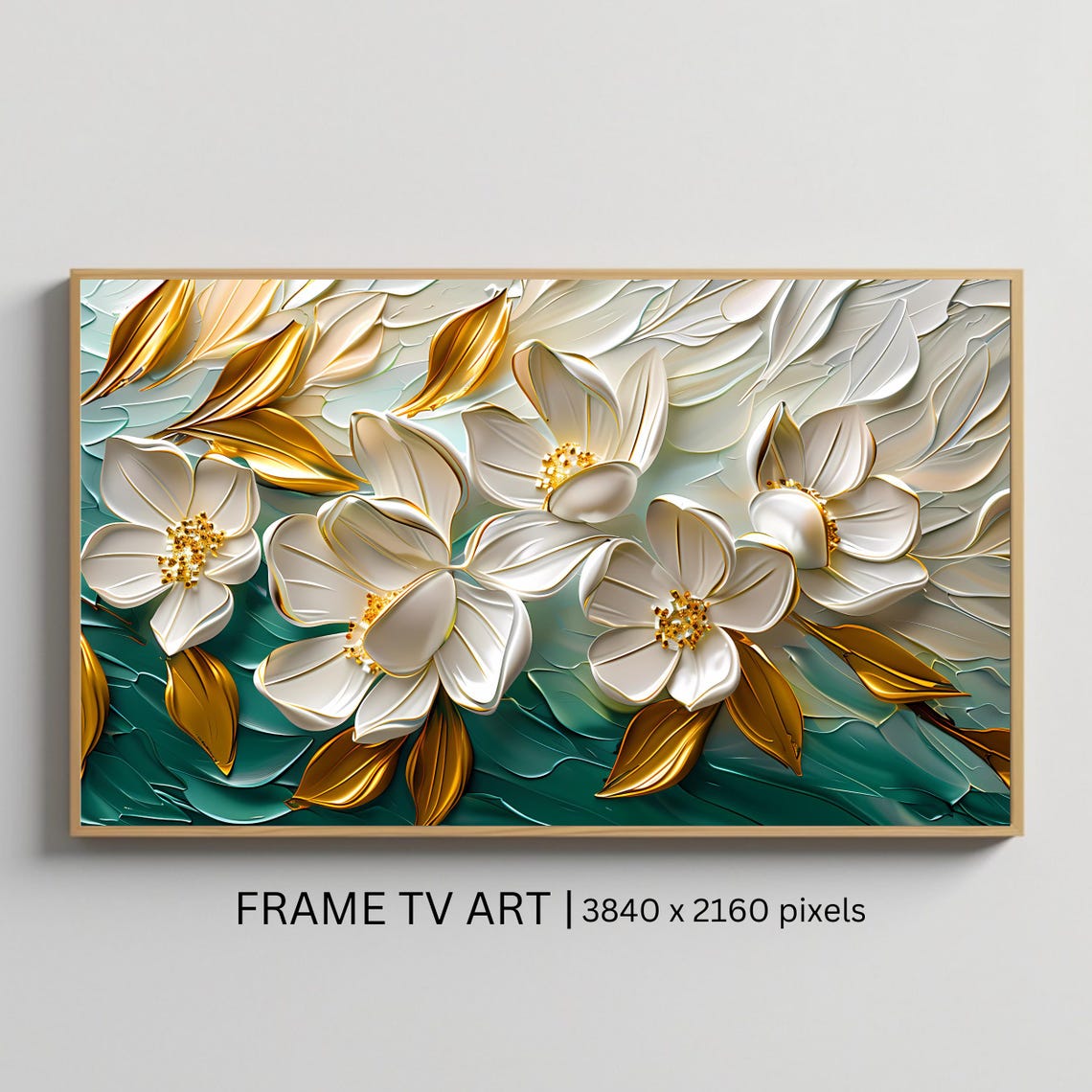 White Floral Blossoms with Gold Leaves on Teal Textured Art Poster