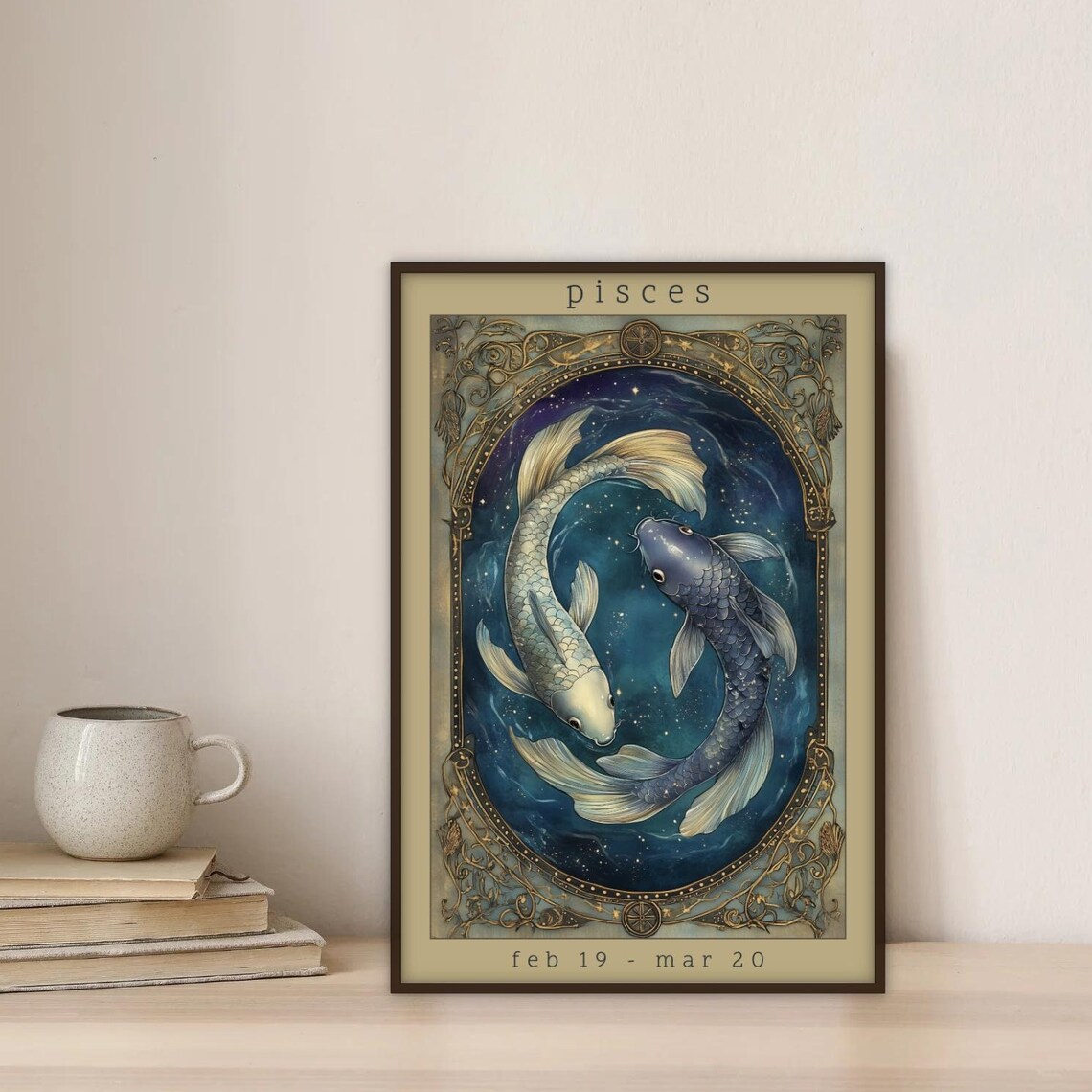 Pisces Zodiac Twin Koi Fish Circling in a Starry Night Sky Poster