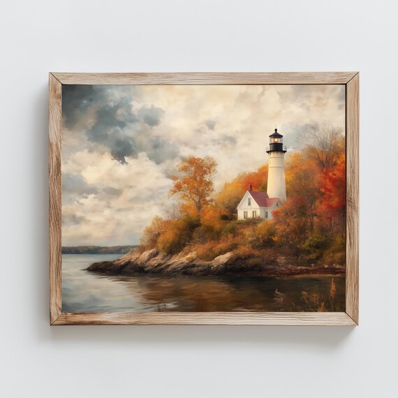 White Lighthouse Keeper Cottage Fall Foliage Rocky Coast Painting Poster