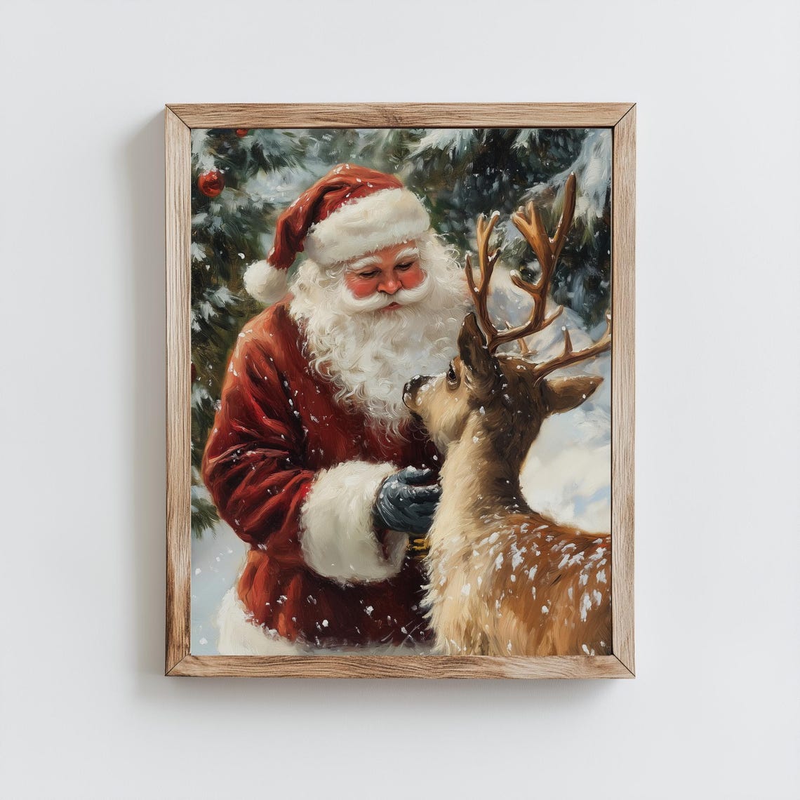 Vintage Santa Petting Reindeer Print Christmas Print Vintage Oil Painting Style Holiday Print Christmas Decoration