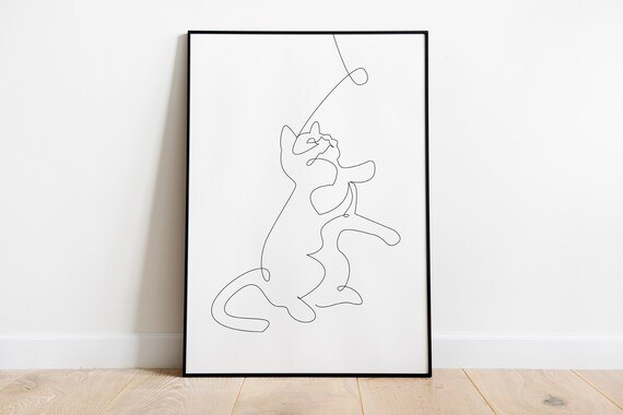Minimalist One Line Drawing Cat Playing With String Art Decor Print