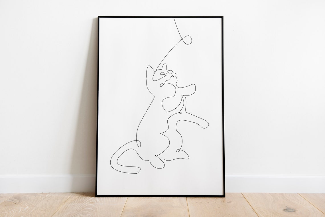 Minimalist One Line Drawing Cat Playing With String Art Decor Print