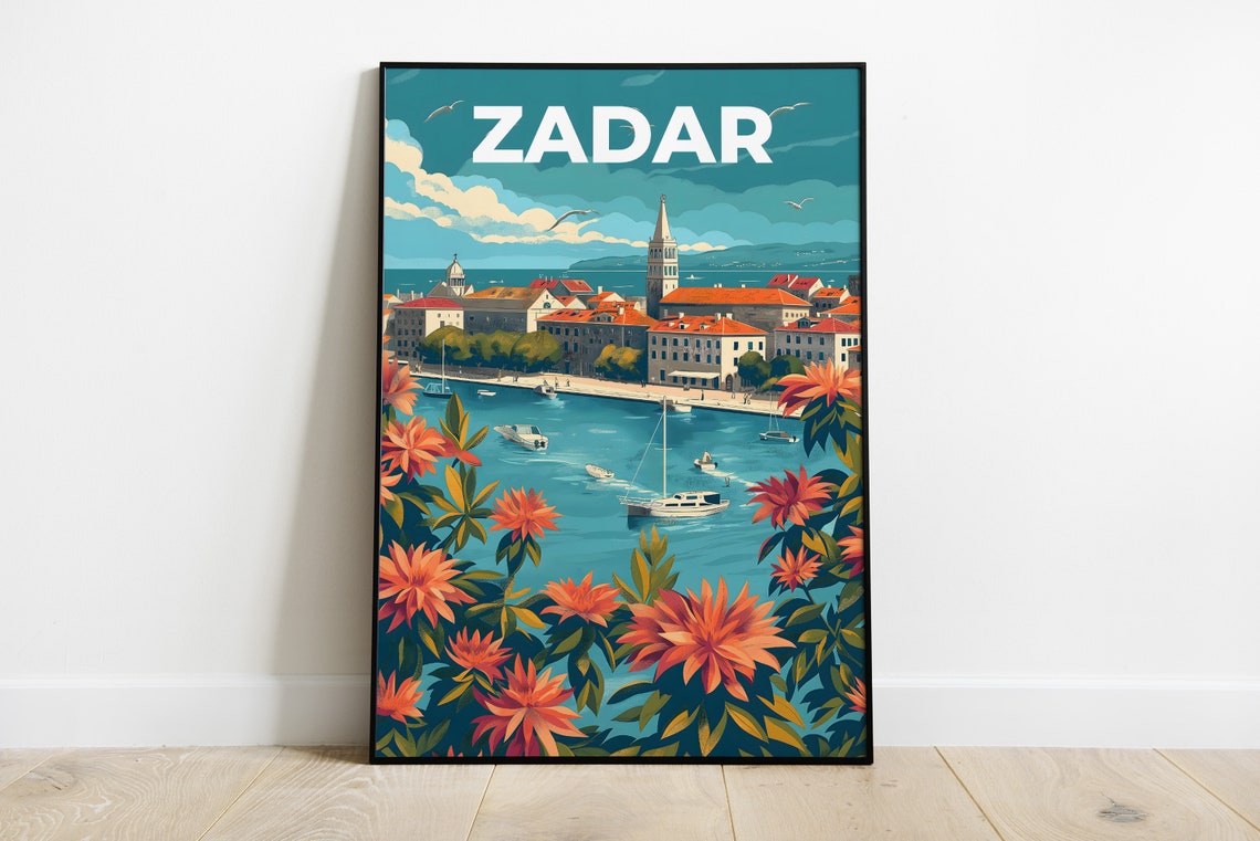 Zadar Croatia Harbor Illustrated Vintage Travel Poster Bold Flowers