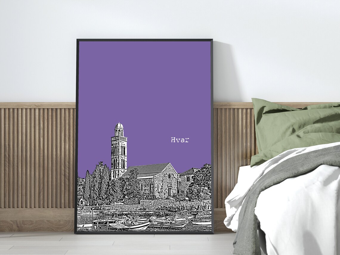 Hvar Croatia Harbor Church Purple Pop Art Island Travel Poster - Image 4