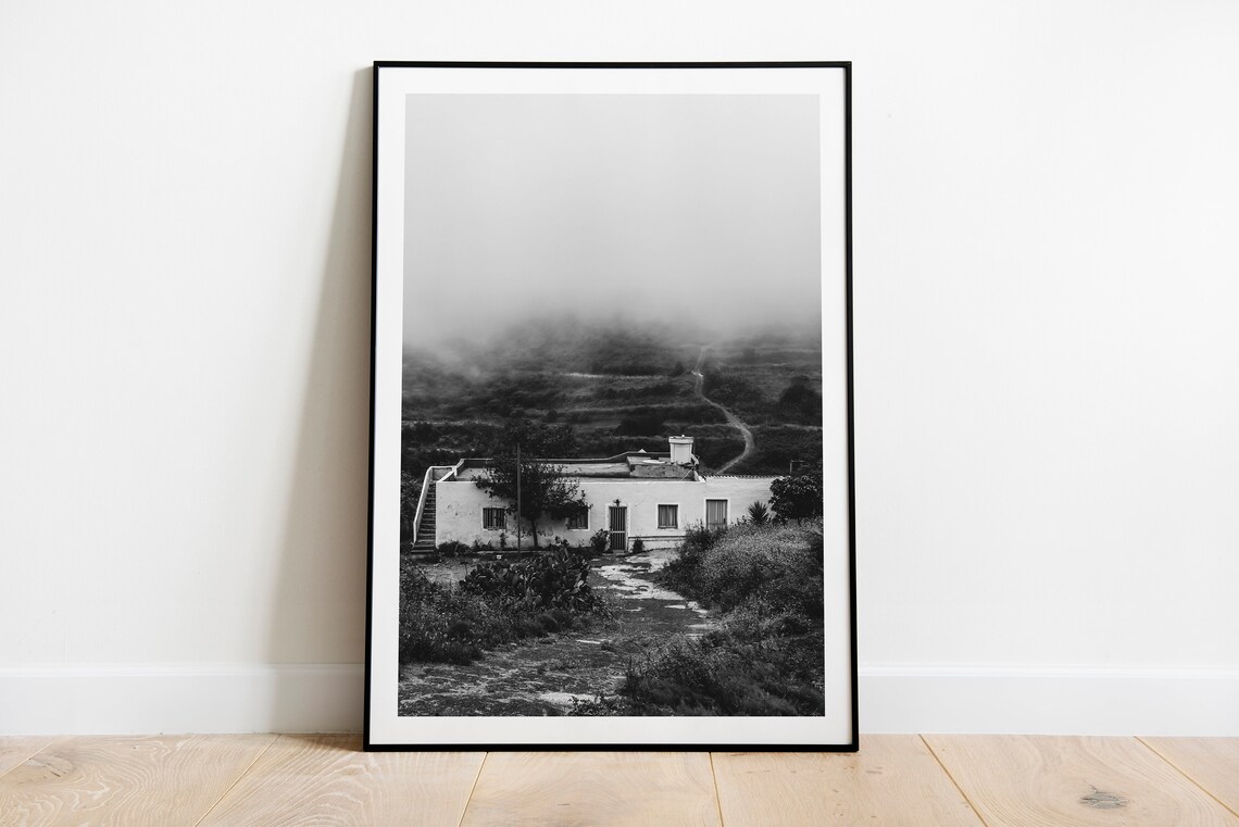 Foggy Black And White Farmhouse On Hill Moody Rural Photo Poster