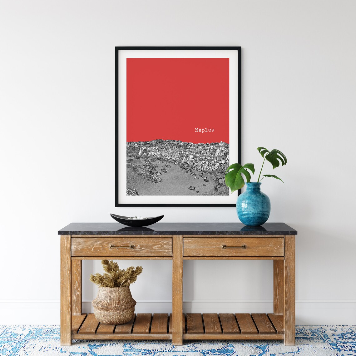 Naples Red Pop Art Harbor Bay Boats Italian Coast Sketch Print Decor - Image 2