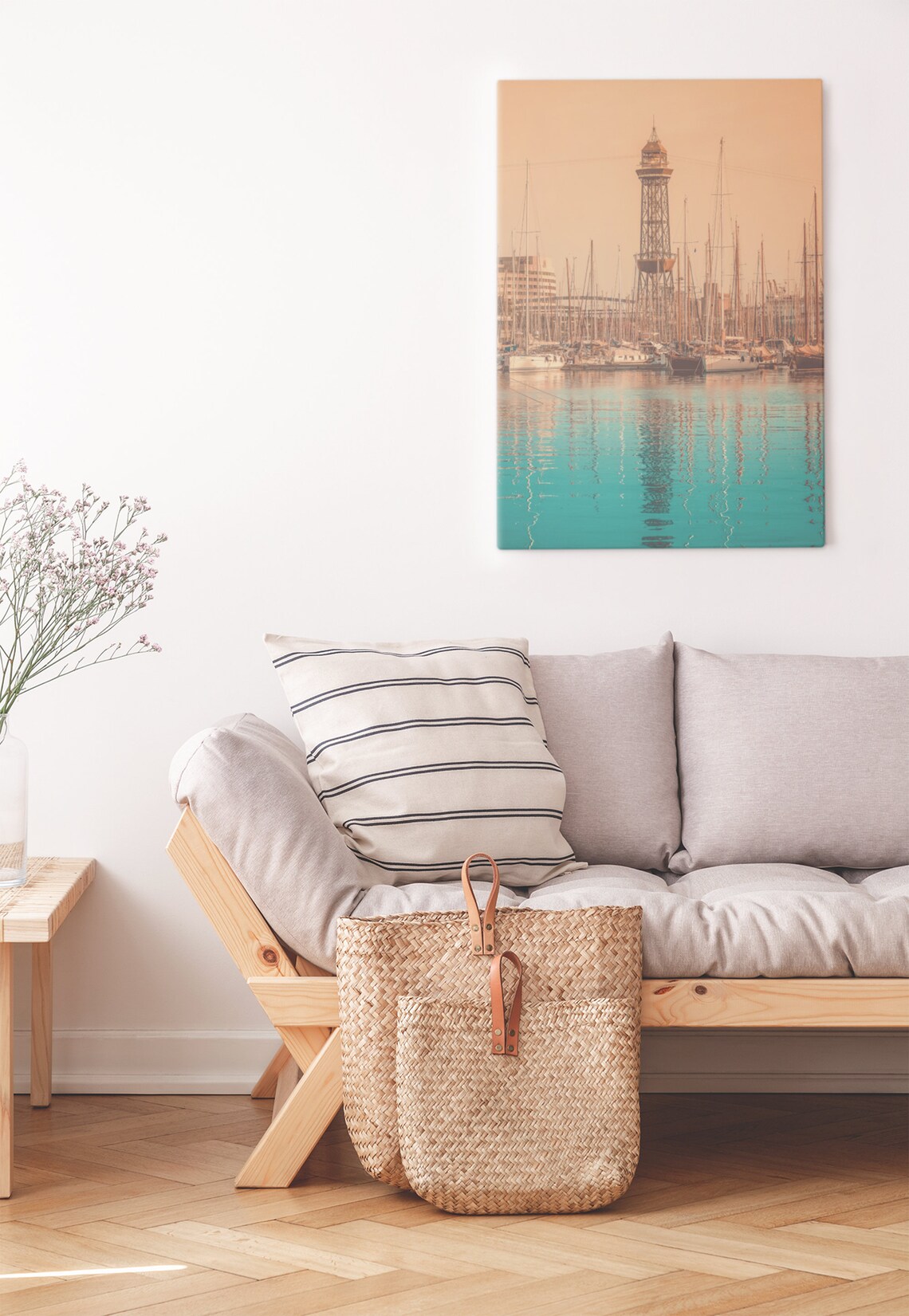 Barcelona Harbor Marina Sailboats Cable Car Tower Sunset Poster - Image 2