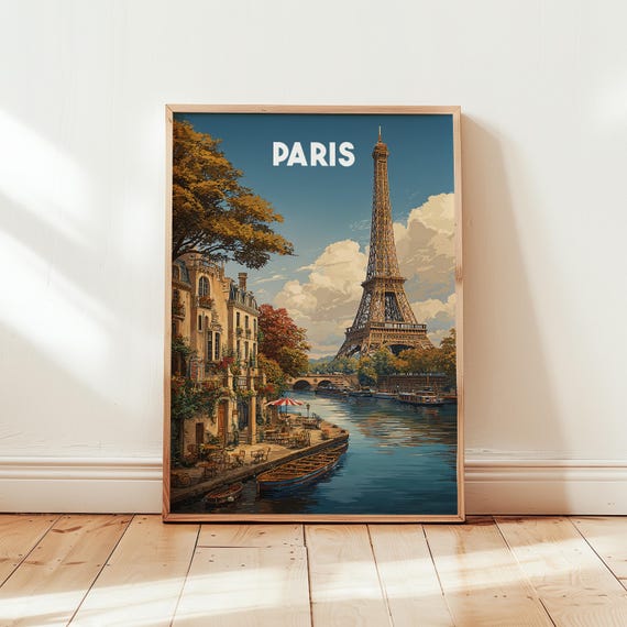 Paris Wall Art Print Eiffel Tower Poster Travel France Cityscape Decor Vintage Illustration Parisian Gift
