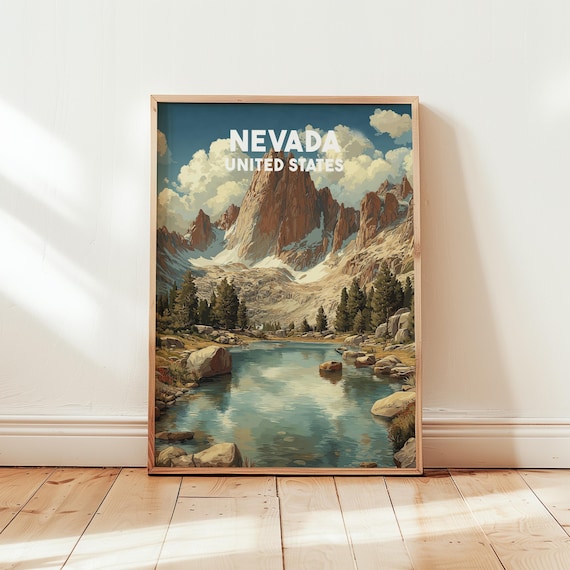 Nevada United States Granite Peaks Alpine Lake Retro Travel Poster