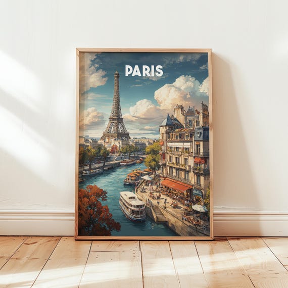 Paris Wall Art Print Eiffel Tower Poster Travel Decor Vintage France Illustration Romantic Cityscape Gift