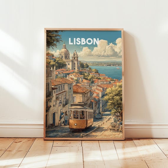 Lisbon Portugal Wall Art Travel Poster Print Vintage Cityscape Artwork Coastal Home Decor European Architecture Gift