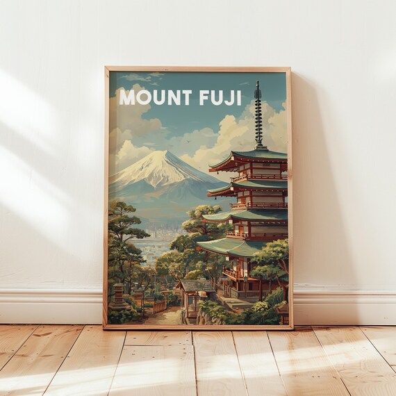 Mount Fuji Japan Travel Poster Pagoda Retro Style Vintage Cityscape Art