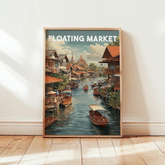 Floating Market Thailand Vintage Canal Boats Travel Art Poster