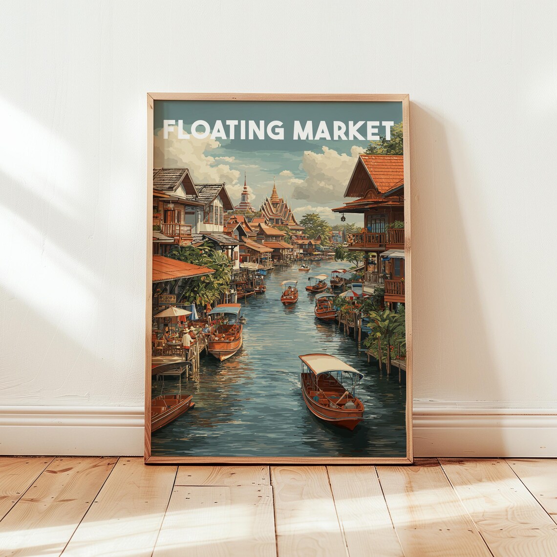 Floating Market Thailand Vintage Canal Boats Travel Art Poster