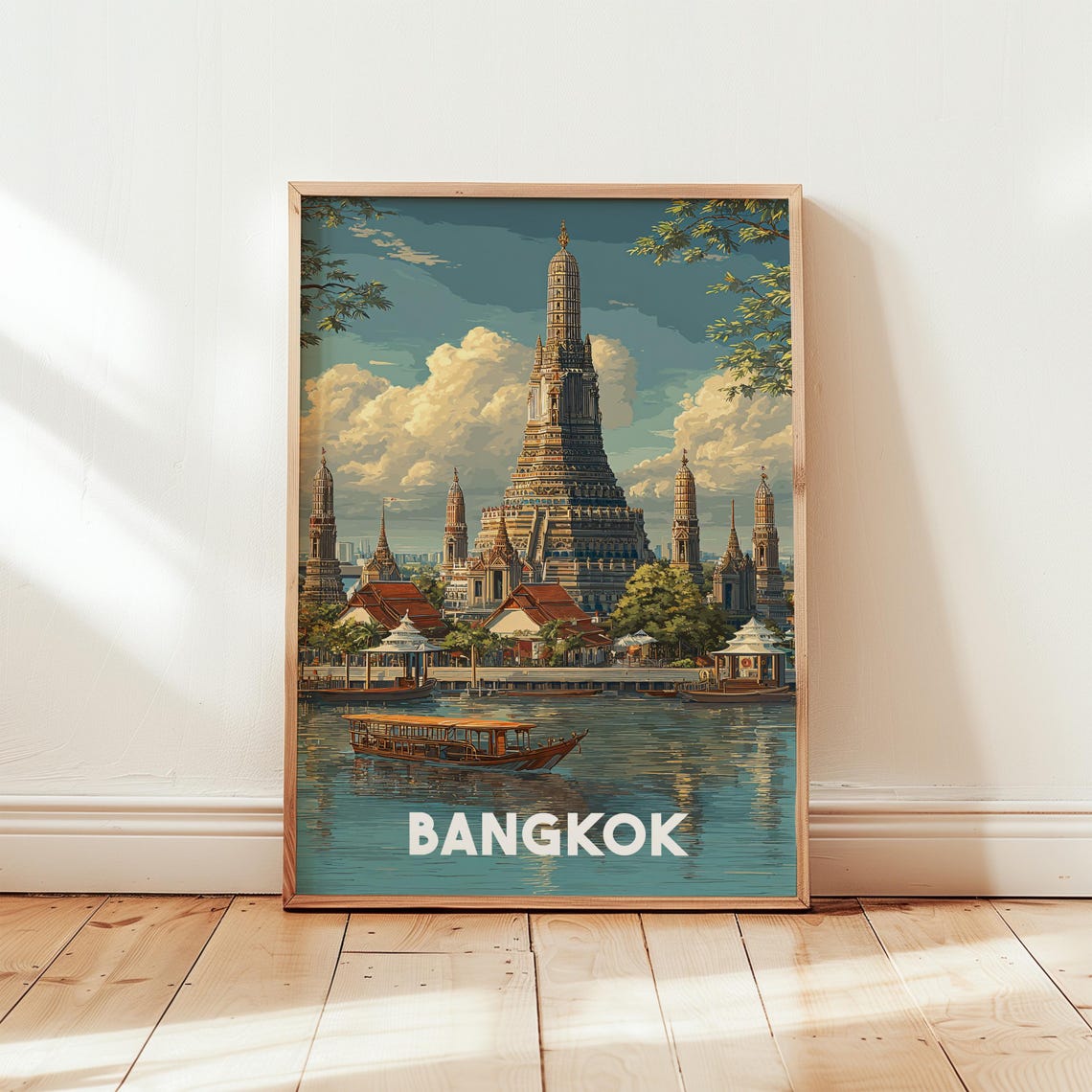 Bangkok Wat Arun Temple Riverside Vintage Thailand Travel Poster