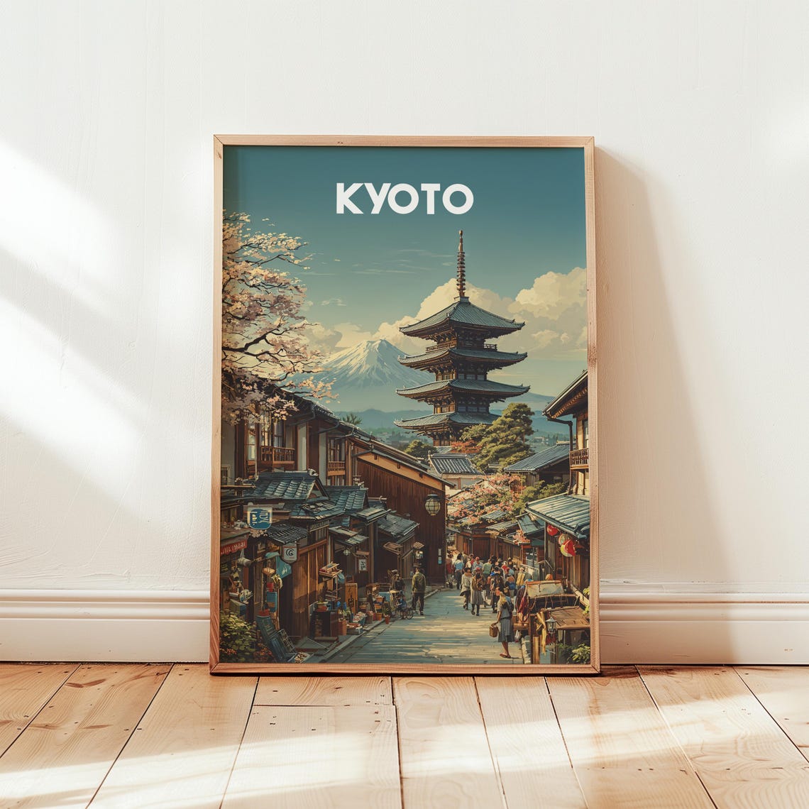 Kyoto Japan Travel Poster Pagoda Cherry Blossom Retro Style Art