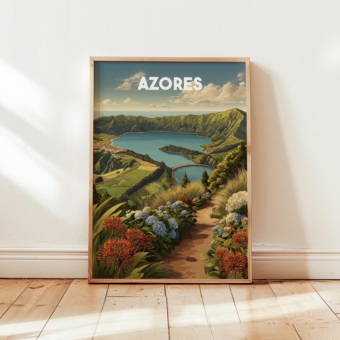 Azores Portugal Vintage Travel Poster, Coastal Landscape